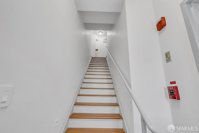 stairway with hardwood / wood-style flooring