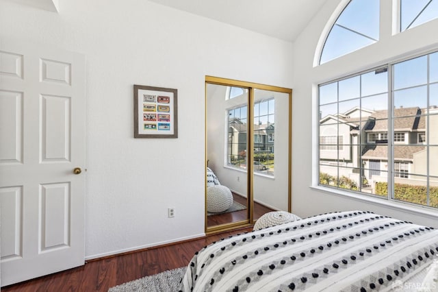 bedroom featuring dark hardwood / wood-style flooring, vaulted ceiling, and a closet