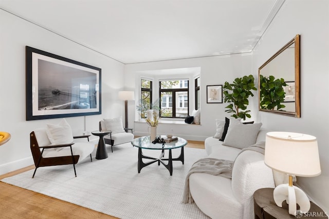 living room with crown molding and hardwood / wood-style flooring