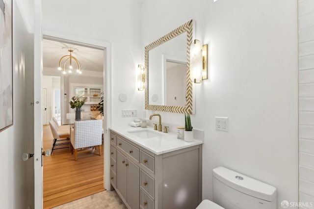 bathroom featuring wood finished floors, vanity, and toilet