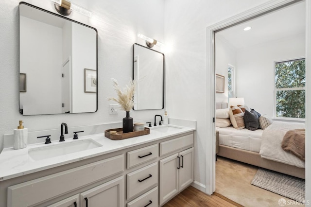 bathroom with connected bathroom, wood finished floors, a sink, and double vanity