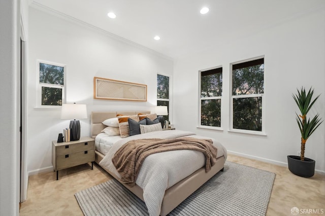 bedroom with ornamental molding, recessed lighting, light carpet, and baseboards