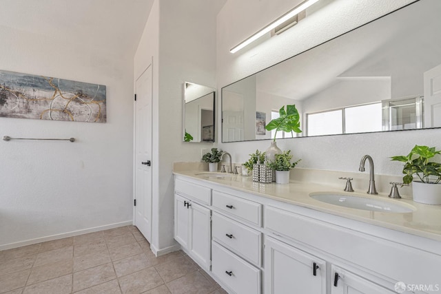 4156 N Amargosa Dr N, Antioch, CA 94531 - full bathroom with lofted ceiling, double vanity, and tile patterned floors