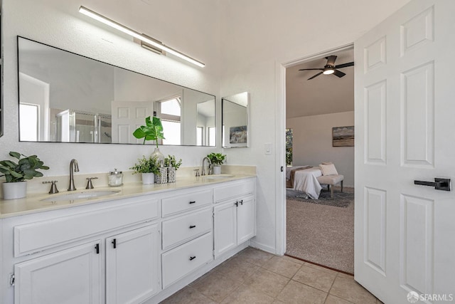 4156 N Amargosa Dr N, Antioch, CA 94531 - ensuite bathroom with double vanity, ceiling fan, a stall shower, and tile patterned floors