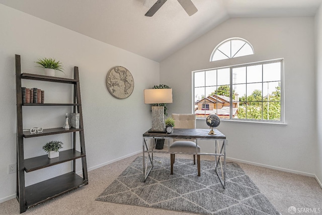 4156 N Amargosa Dr N, Antioch, CA 94531 - carpeted home office featuring a ceiling fan, lofted ceiling, and healthy amount of natural light