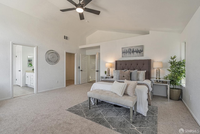 4156 N Amargosa Dr N, Antioch, CA 94531 - carpeted bedroom featuring vaulted ceiling, ceiling fan, and ensuite bathroom