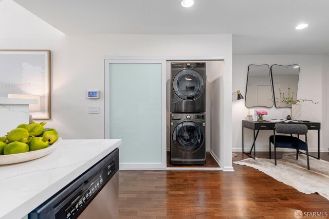 1970 Sutter St Unit 107, San Francisco, CA 94115 - washroom with stacked washer / drying machine, dark wood-style flooring, an office area, and recessed lighting