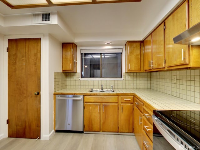 1279 41st Ave, San Francisco, CA 94122 - kitchen with appliances with stainless steel finishes, wall chimney range hood, tile countertops, light wood-style floors, and backsplash