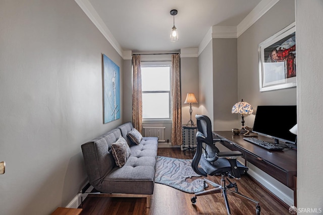 office space featuring crown molding, radiator, and dark hardwood / wood-style floors