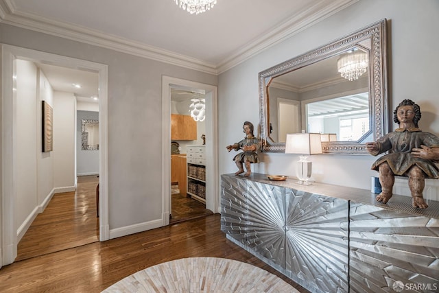 hallway featuring a chandelier, dark hardwood / wood-style floors, and crown molding