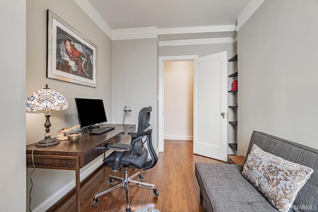 office space with ornamental molding and hardwood / wood-style flooring