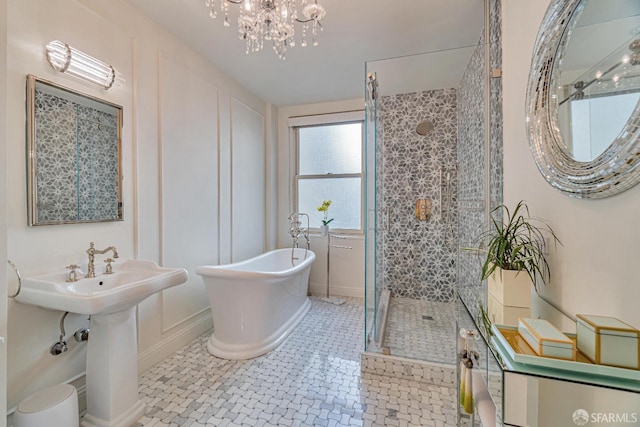 bathroom featuring separate shower and tub and tile patterned flooring