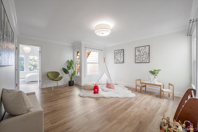 playroom featuring ornamental molding and wood-type flooring