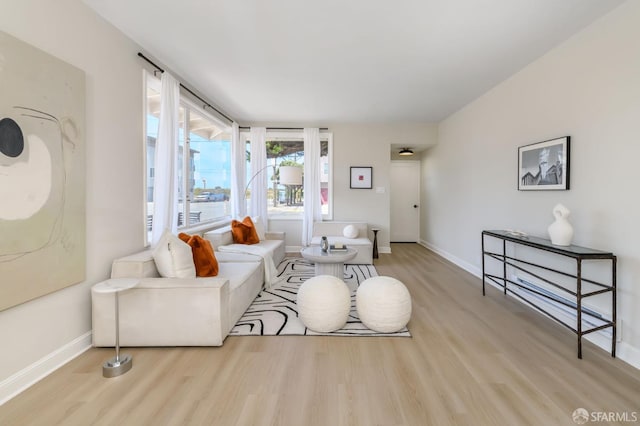 living room with baseboards and wood finished floors