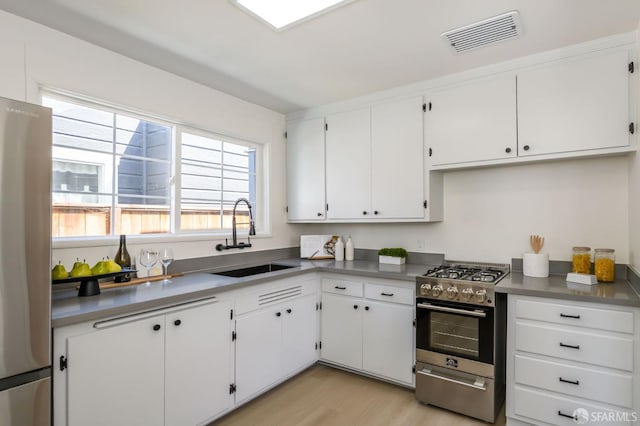 kitchen with visible vents, light wood-type flooring, white cabinetry, a sink, and stainless steel appliances