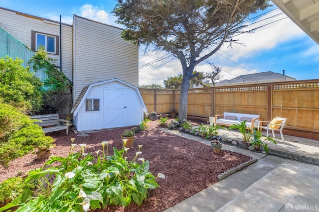 view of yard with a fenced backyard, a storage unit, a patio, and an outdoor structure