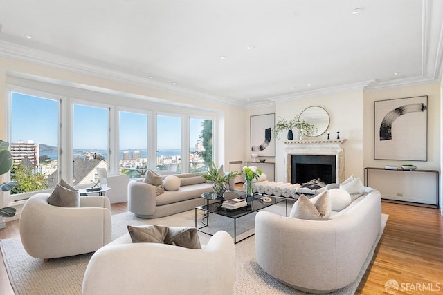 living area with light wood-style flooring, a city view, crown molding, a fireplace, and recessed lighting