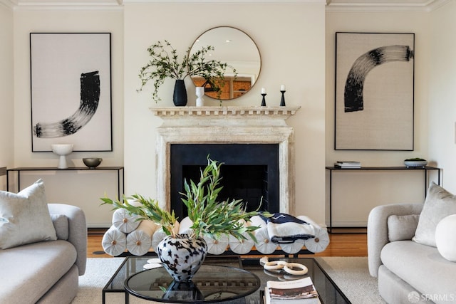 living room featuring a fireplace, wood finished floors, and ornamental molding