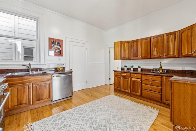 1015 Ashbury St Unit 4, San Francisco, CA 94117 - kitchen with dishwasher, brown cabinets, crown molding, light wood-type flooring, and dark countertops