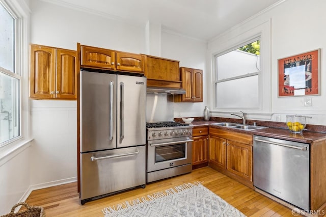 1015 Ashbury St Unit 4, San Francisco, CA 94117 - kitchen with premium appliances, under cabinet range hood, dark countertops, light wood-style flooring, and brown cabinetry