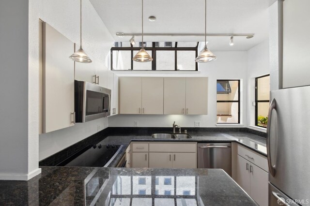 120 Landers St Unit D, San Francisco, CA 94114 - kitchen with stainless steel appliances, a sink, plenty of natural light, and decorative light fixtures