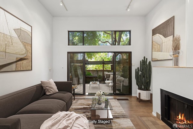 120 Landers St Unit D, San Francisco, CA 94114 - living area featuring track lighting, a fireplace with flush hearth, and wood finished floors