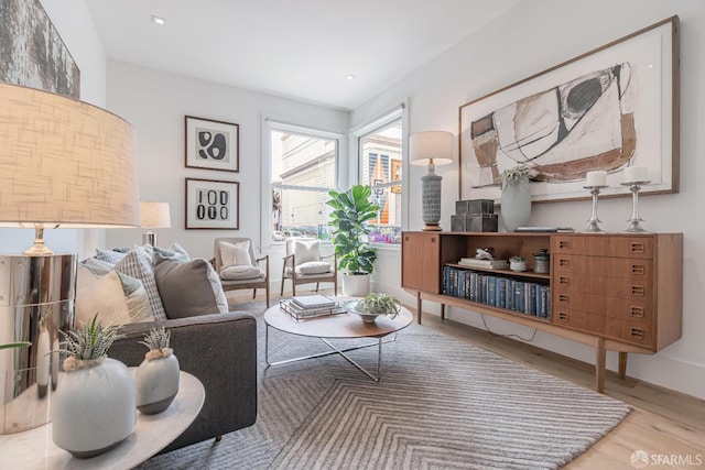 living area with baseboards and wood finished floors