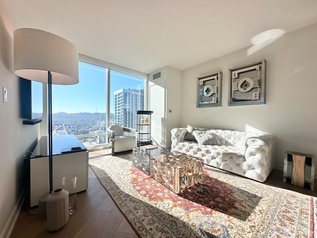 living room with floor to ceiling windows, a mountain view, and wood-type flooring