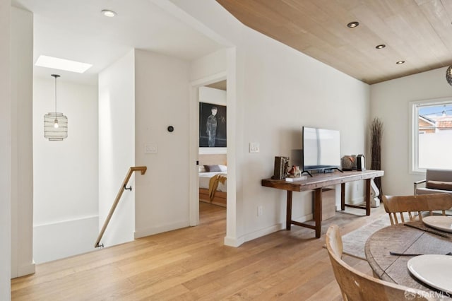 1515 Van Dyke Ave, San Francisco, CA 94124 - dining space with a skylight, wood finished floors, recessed lighting, and wood ceiling
