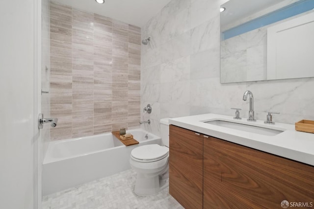 1515 Van Dyke Ave, San Francisco, CA 94124 - bathroom featuring vanity, tile walls, shower / bathtub combination, recessed lighting, and tasteful backsplash