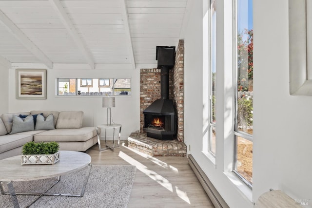 7 Hearthstone Ct, San Rafael, CA 94903 - living area with wood finished floors, baseboard heating, a wood stove, wooden ceiling, and baseboards