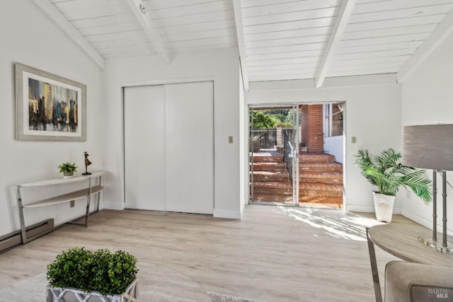 7 Hearthstone Ct, San Rafael, CA 94903 - entryway with light wood-type flooring, wood ceiling, baseboards, and baseboard heating