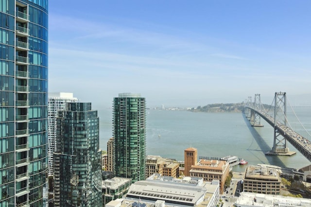 view of water feature with a city view