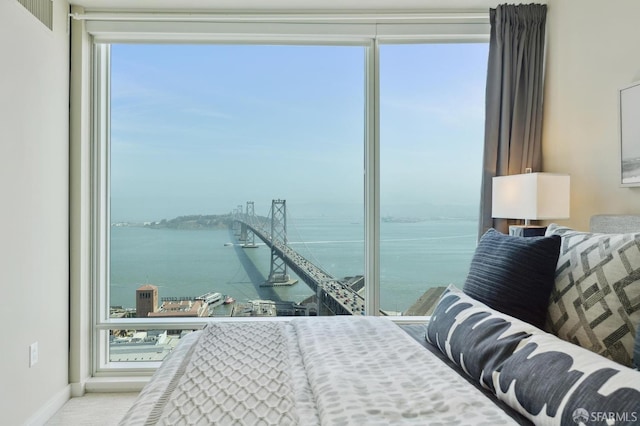 bedroom featuring a water view, baseboards, and carpet