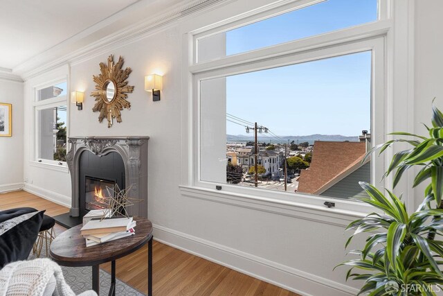 1998 Vallejo St Unit 2, San Francisco, CA 94123 - sitting room with ornamental molding, light wood finished floors, and a fireplace with flush hearth