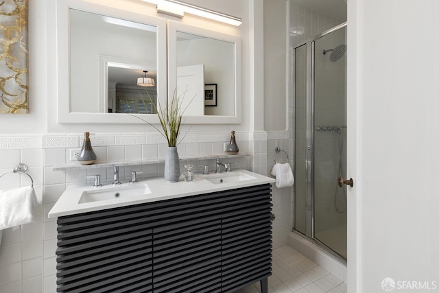 1998 Vallejo St Unit 2, San Francisco, CA 94123 - full bathroom featuring a shower stall, double vanity, tile walls, and tile patterned flooring