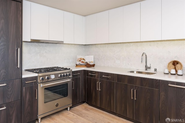 kitchen with dark brown cabinetry, white cabinetry, sink, light hardwood / wood-style floors, and stainless steel stove