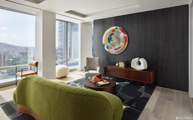 living area with a tray ceiling, a wall of windows, light wood-type flooring, and a city view