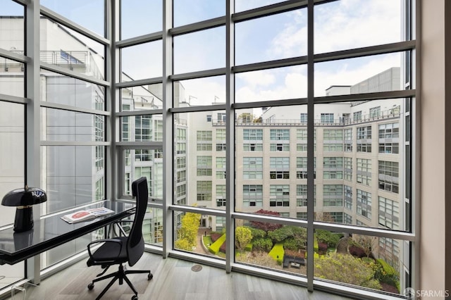 office space featuring hardwood / wood-style floors and expansive windows