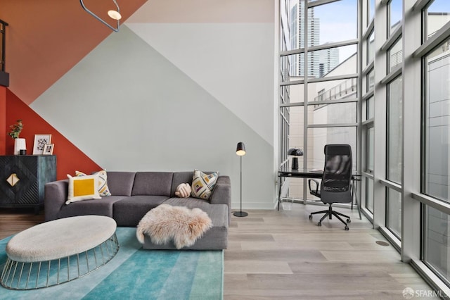 interior space featuring expansive windows, a high ceiling, and light wood-type flooring