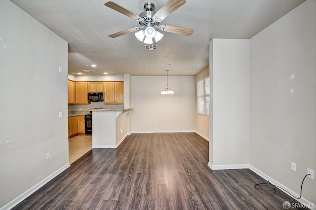 unfurnished living room with dark wood-style flooring, baseboards, a ceiling fan, and recessed lighting
