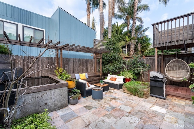 view of patio featuring an outdoor hangout area, a pergola, and a grill