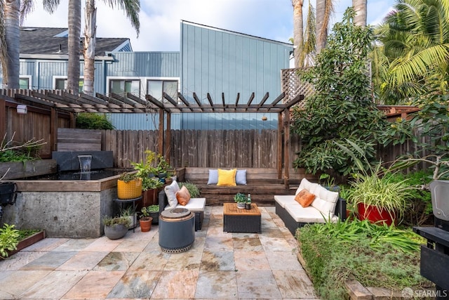 view of patio / terrace featuring a pergola, outdoor lounge area, and a bar