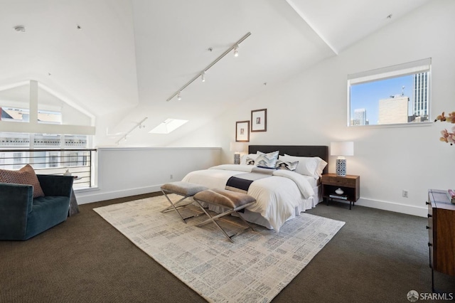 bedroom featuring rail lighting, vaulted ceiling with skylight, and dark carpet