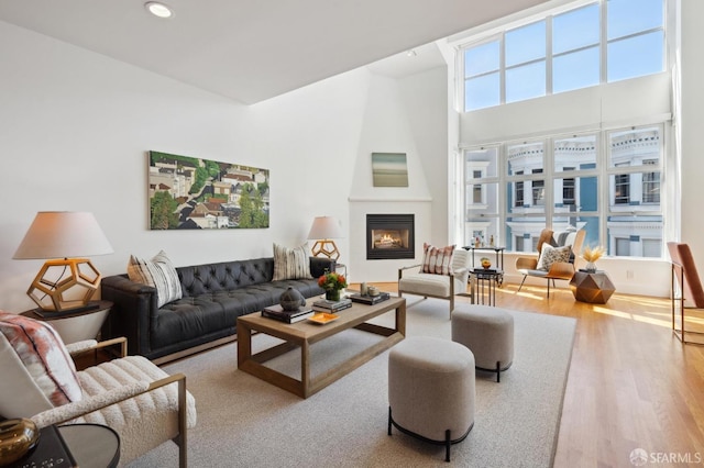 living room featuring a high ceiling, a fireplace, and light hardwood / wood-style flooring