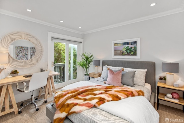 carpeted bedroom featuring access to outside, ornamental molding, and recessed lighting