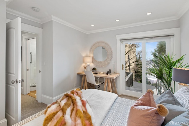 bedroom with recessed lighting, baseboards, access to outside, built in desk, and crown molding