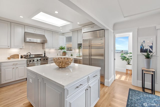 kitchen with under cabinet range hood, a skylight, high quality appliances, backsplash, and a center island