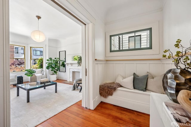 670 Page St, San Francisco, CA 94117 - sitting room featuring light wood finished floors, a wainscoted wall, a fireplace, and a decorative wall