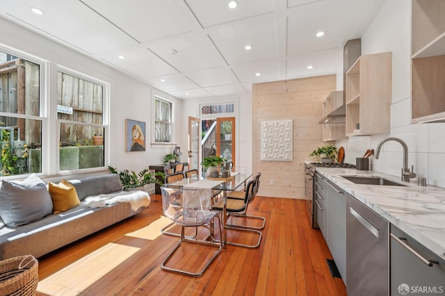 670 Page St, San Francisco, CA 94117 - kitchen with appliances with stainless steel finishes, modern cabinets, gray cabinets, recessed lighting, and open shelves